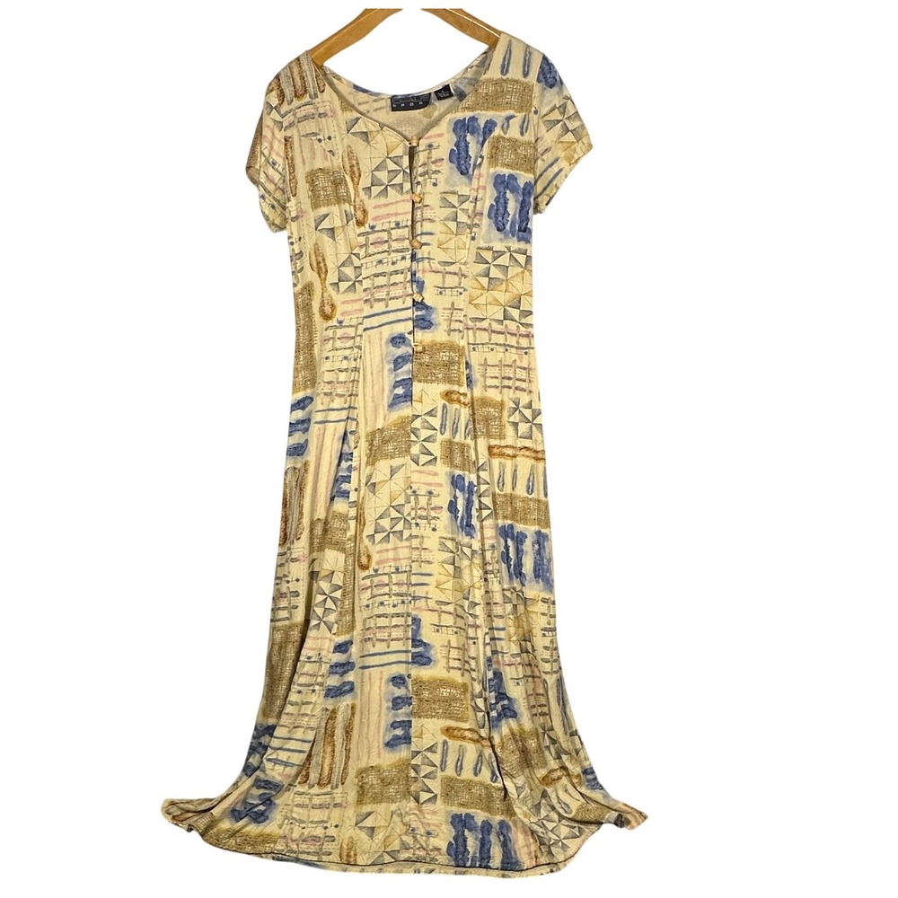 CHAUS SPORT Women's Size S Abstract Print Rayon Maxi Dress Button Front